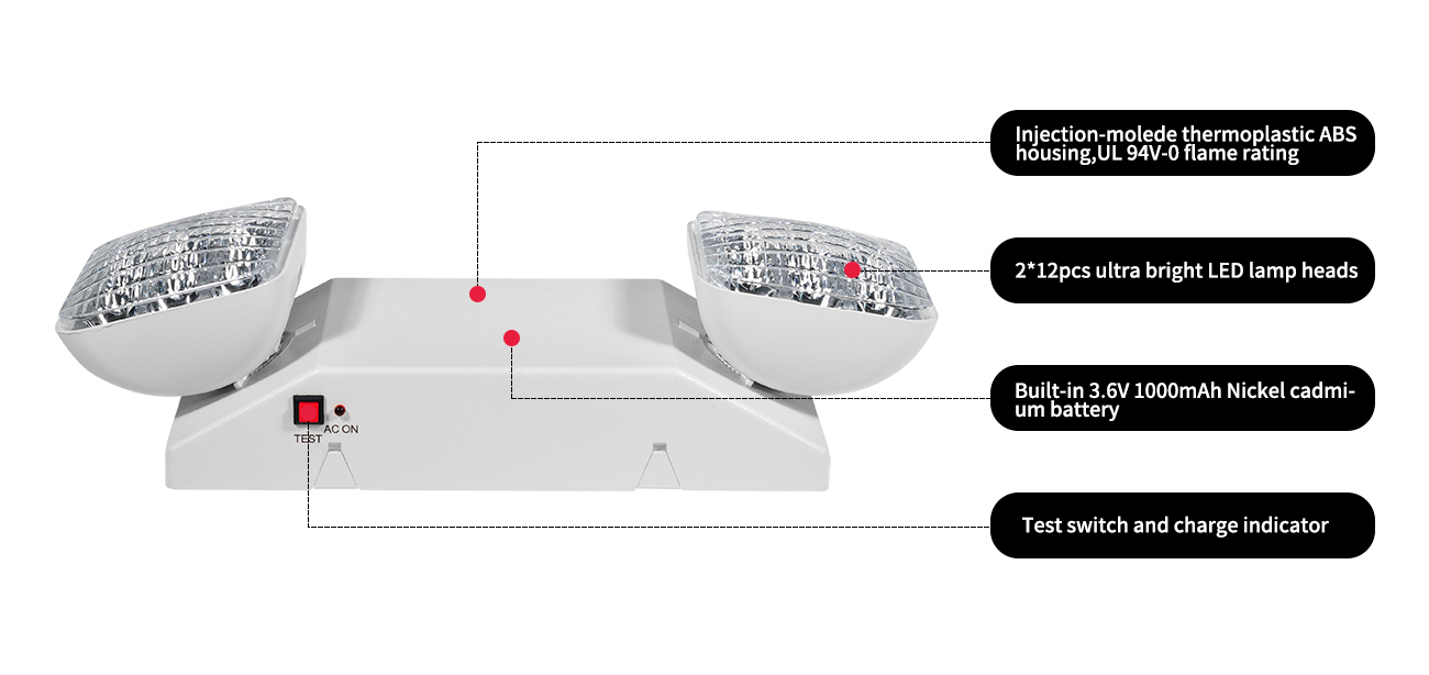 Injection-molede thermoplastic ABS housing, UL 94V-0 flame rating2*12pcs ultra bright LED lamp headsBuilt-in 3.6V1000mAh Nickel cadmi-um batteryTest switch and charge indicator